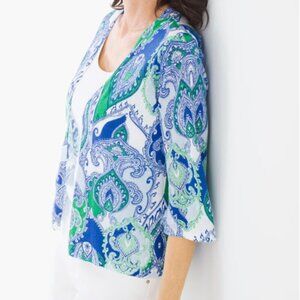 Chico's Irena Ikat-Paisley Linen Blend Cardigan Size L Open Front Lightweight